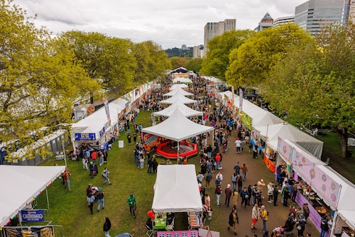 Cinco de Mayo tents and festivities at Tom McCall Waterfront Park in Portland