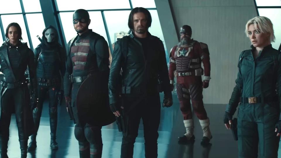 Taskmaster Marvel appears with the Thunderbolts team in a dramatic scene.