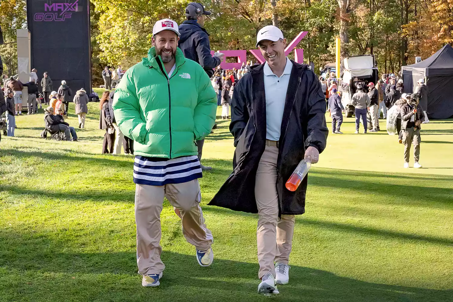 Adam Sandler preparing for a golf swing on the set of Happy Gilmore 2