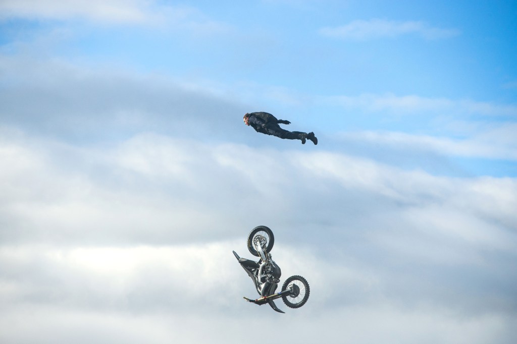 Tom Cruise performs a dramatic Mission Impossible stunt