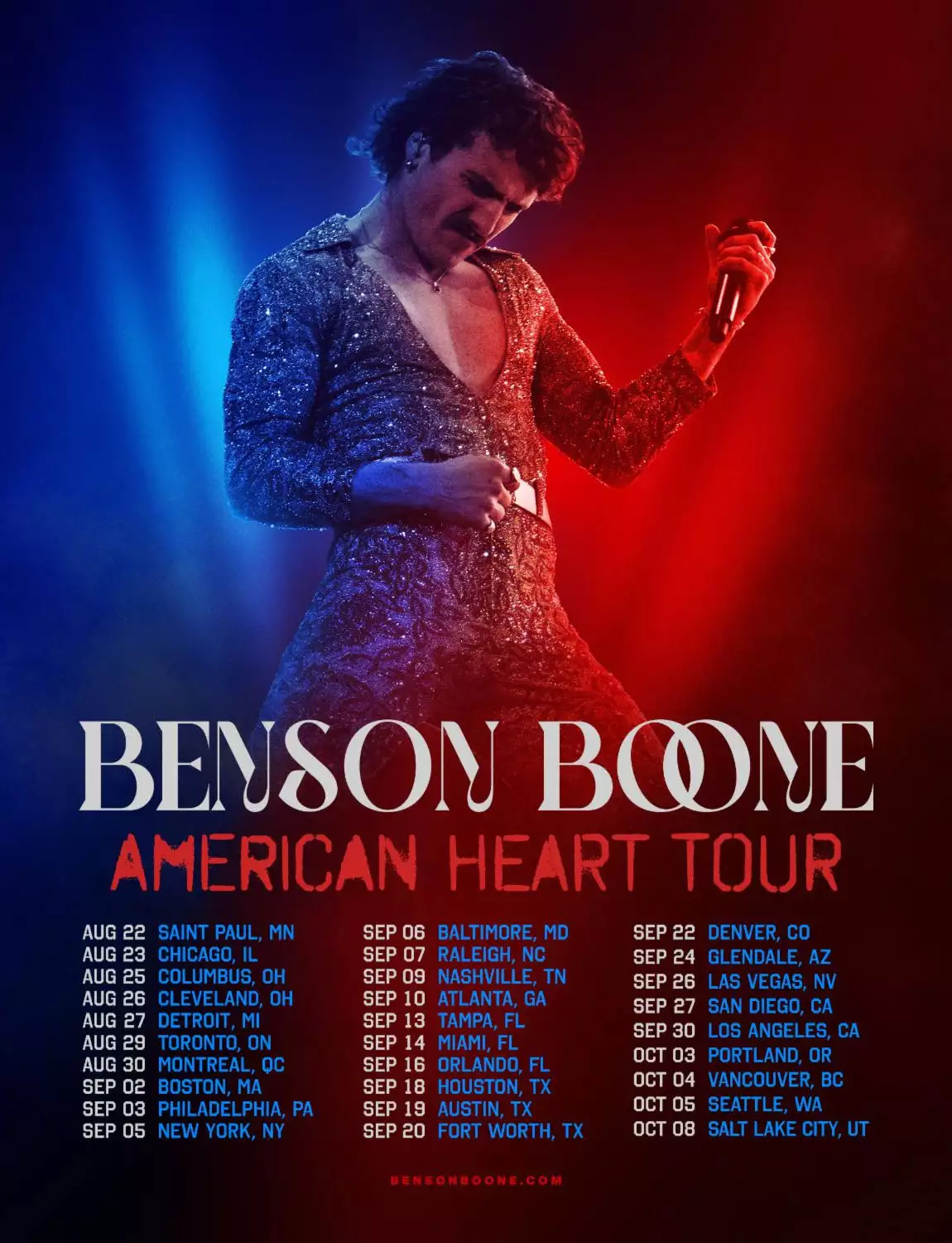 Benson Boone performing live on tour, American Heart Tour 2025