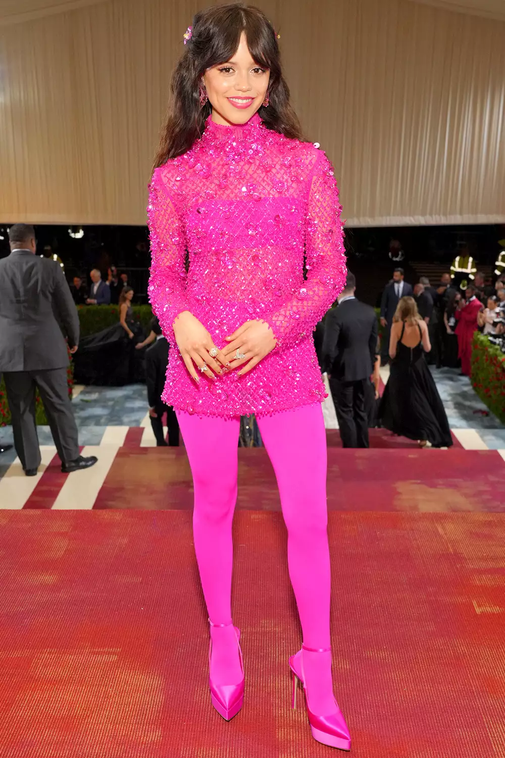 Jenna Ortega in her 2025 Met Gala Balmain gown made of metal rulers