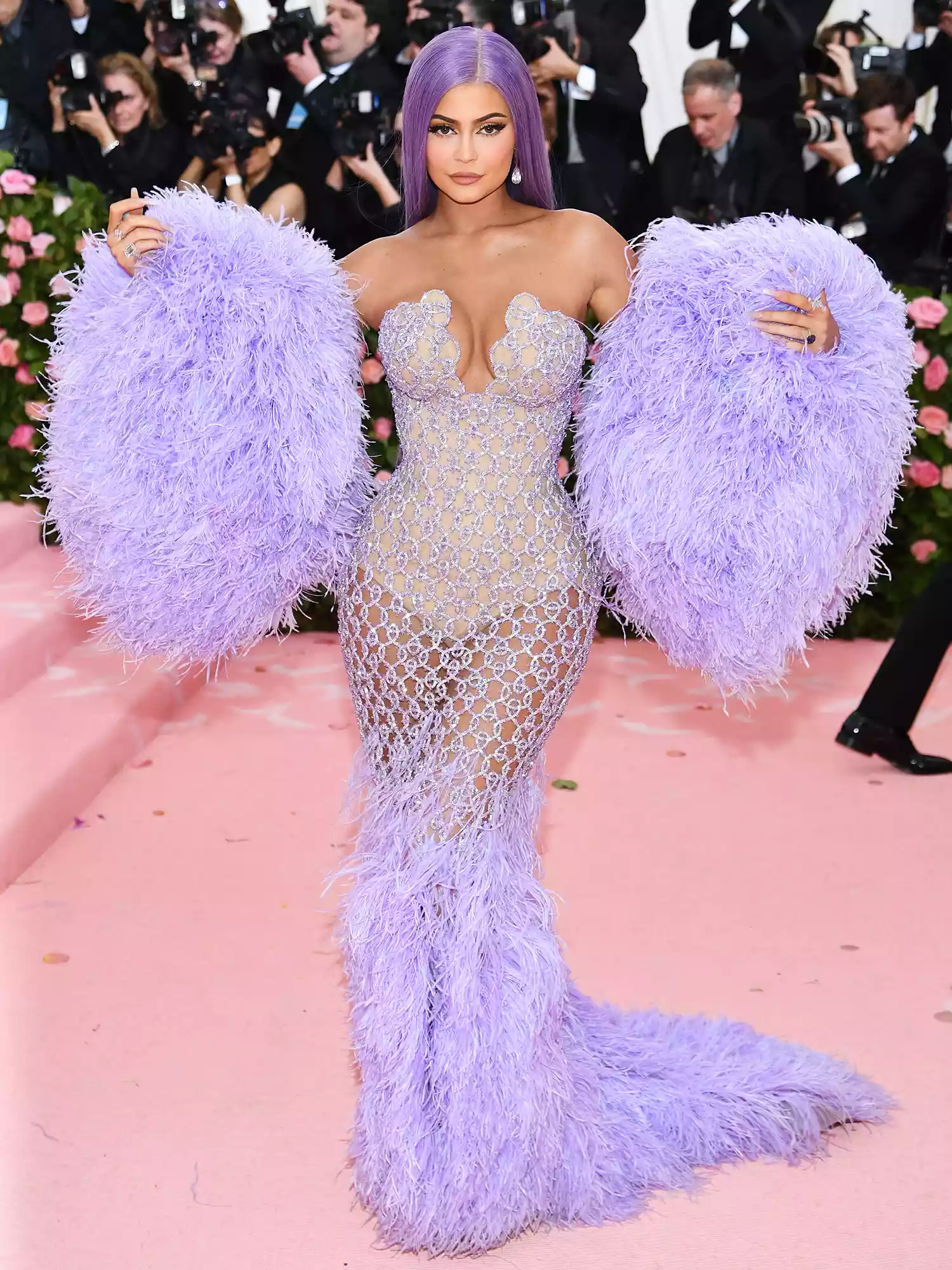 Kylie Jenner at the 2025 Met Gala in Ferragamo gown, posing on the red carpet