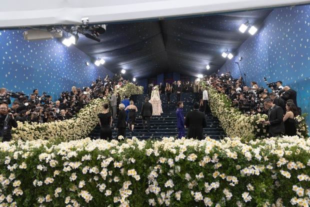 Kamala Harris arrives in a striking black and white gown at the Met Gala 2025, marking her debut at the famed event
