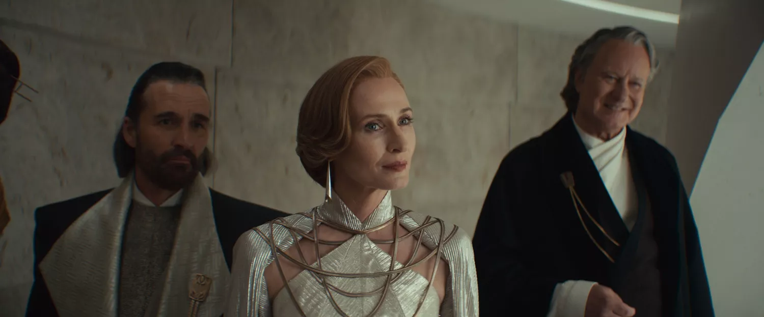 Mon Mothma delivers a pivotal speech in the Senate during Andor season 2.