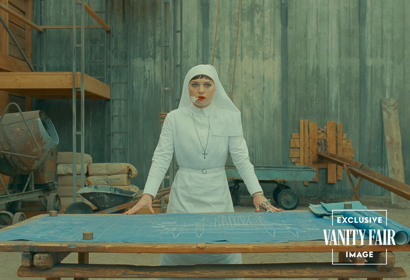 A pastel-hued film set evoking Wes Anderson's cinematic style