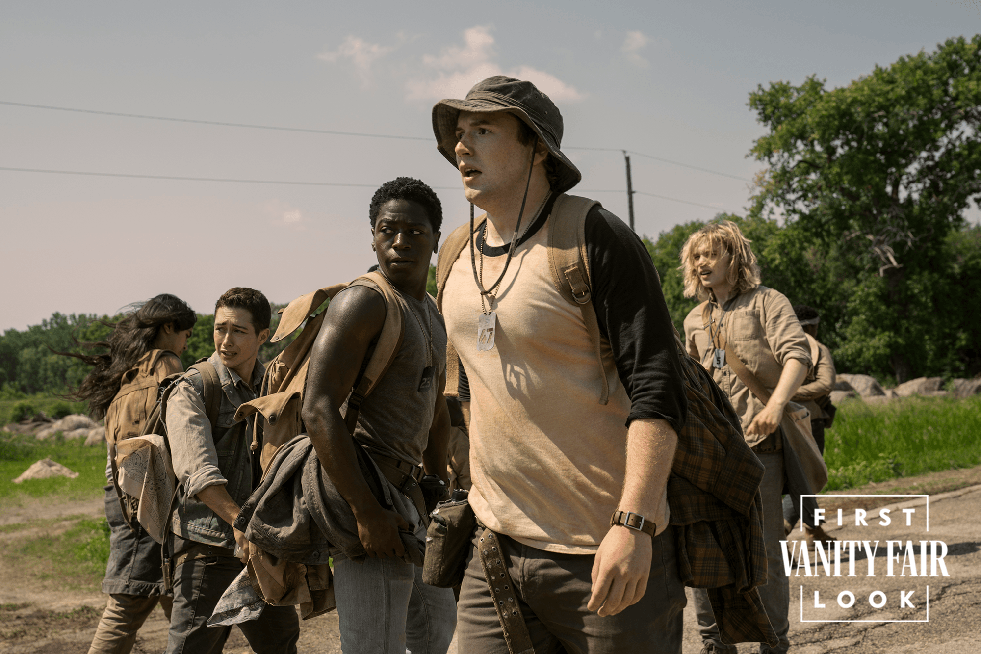 Still from The Long Walk movie trailer Stephen King, showing main cast in dystopian setting