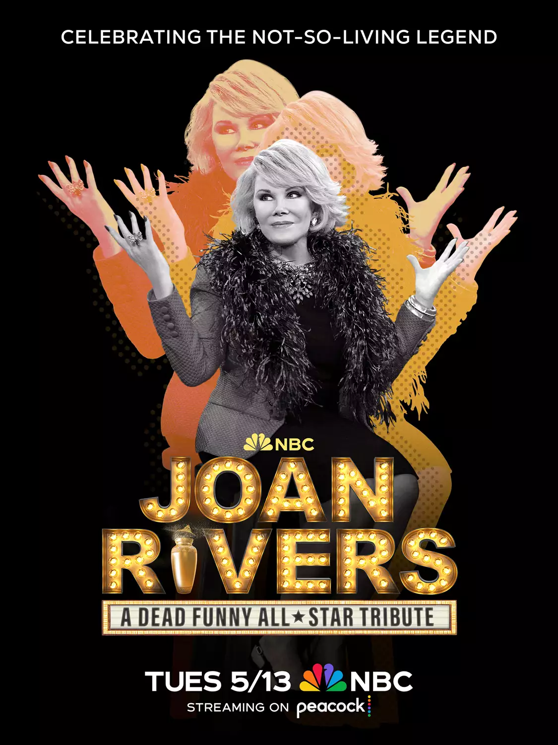 Melissa Rivers holds an urn with Joan Rivers' ashes backstage, surrounded by comedians.