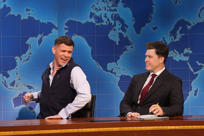 Mikey Day in his viral Weekend Update Saturday Night Live spiderweb skit