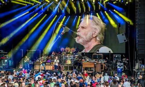 Dead and Company performing at the Las Vegas Sphere residency, with vibrant visuals and classic setlist
