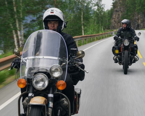 Ewan McGregor and Charley Boorman riding motorcycles during Long Way Home