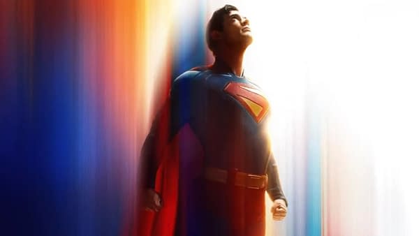 Superman 2025 teaser poster showing Man of Steel above Metropolis