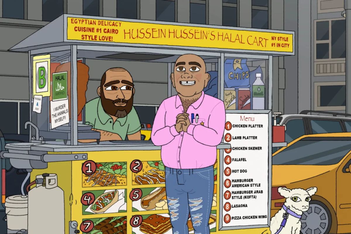 A scene from #1 Happy Family USA featuring the animated Hussein family