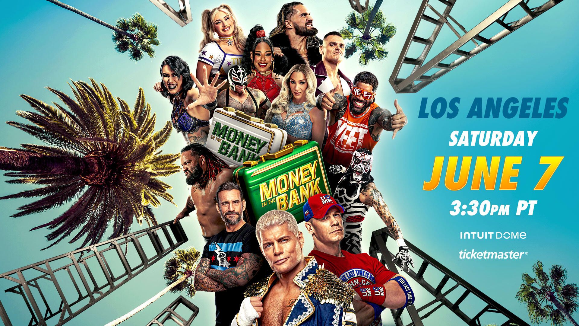 Money in the Bank 2025 ladder match hype at Intuit Dome, Los Angeles, with superstars ready to climb for glory