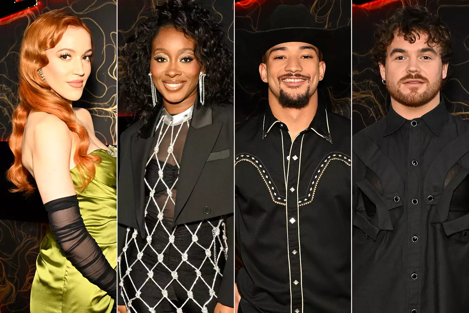 The four coaches of The Voice Season 27 sharing a moment on stage.