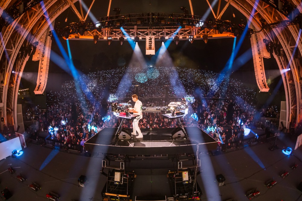 A panoramic view of the Hollywood Bowl amphitheater at sunset