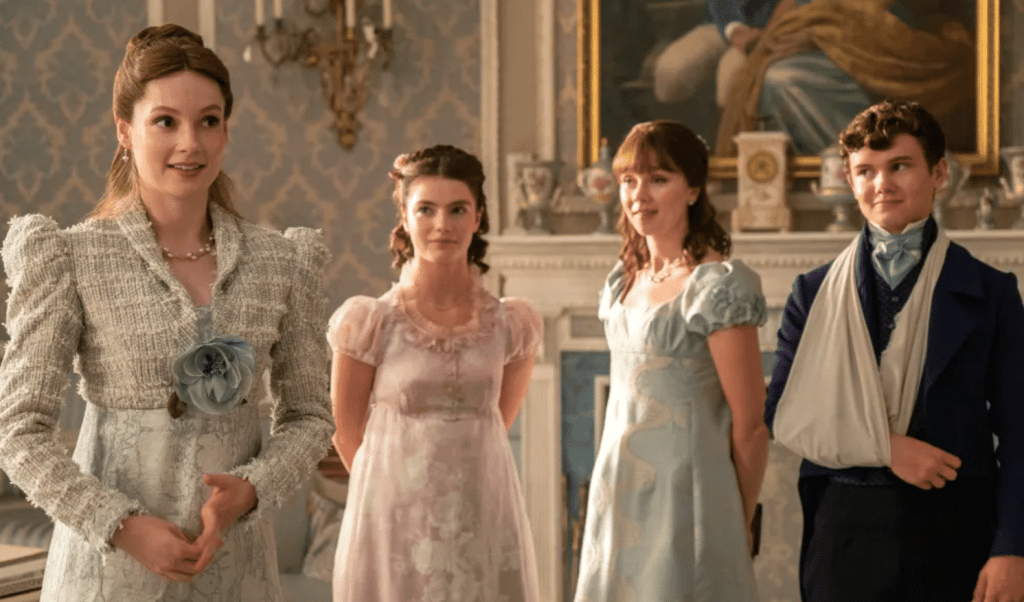 The cast of Bridgerton season 4 at a masquerade ball, with opulent costumes and dramatic lighting.