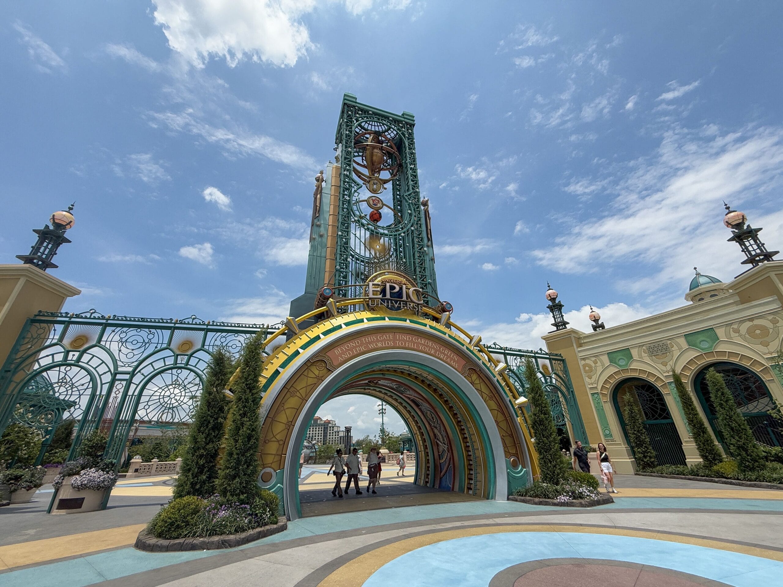 Main entrance to Universal Studios Orlando with crowds entering the park