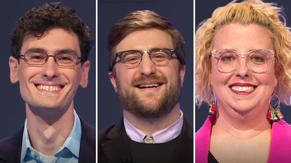 A dramatic Jeopardy moment on set with contestants competing intensely