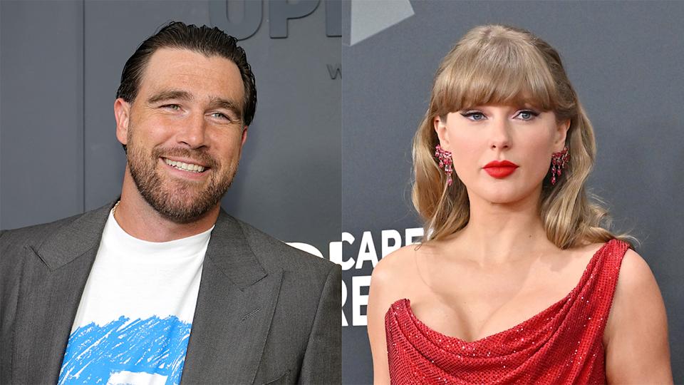 Patrick Mahomes at charity gala with Travis Kelce and Taylor Swift memorabilia