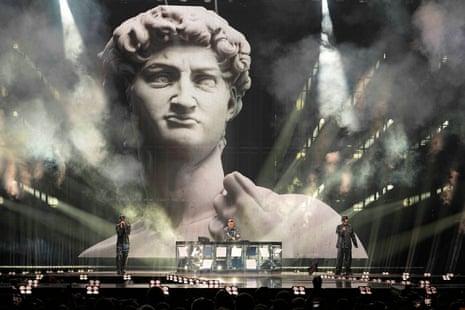 Contestants rehearse during the Eurovision final 2025 grand finale