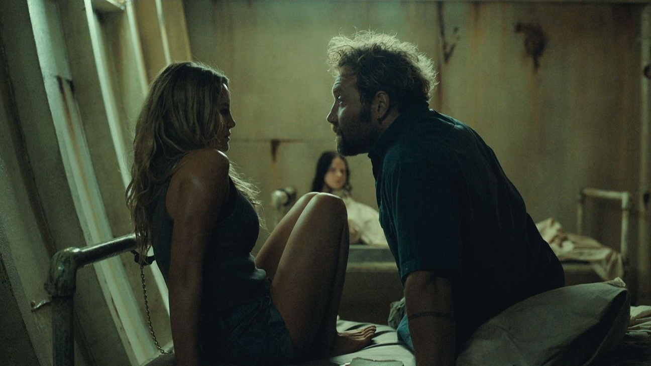 A tense scene reminiscent of the suicide squad's chaotic tone in a modern horror setting