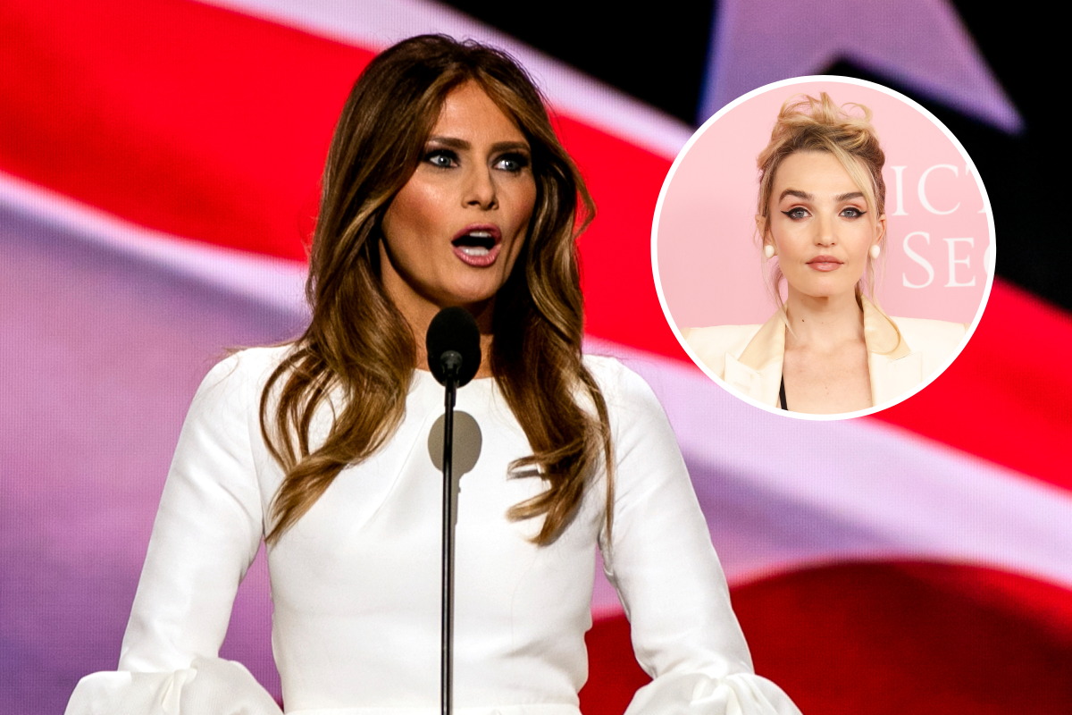 Chloe Fineman in character as Melania Trump on SNL, holding a barbell and wearing a blonde wig