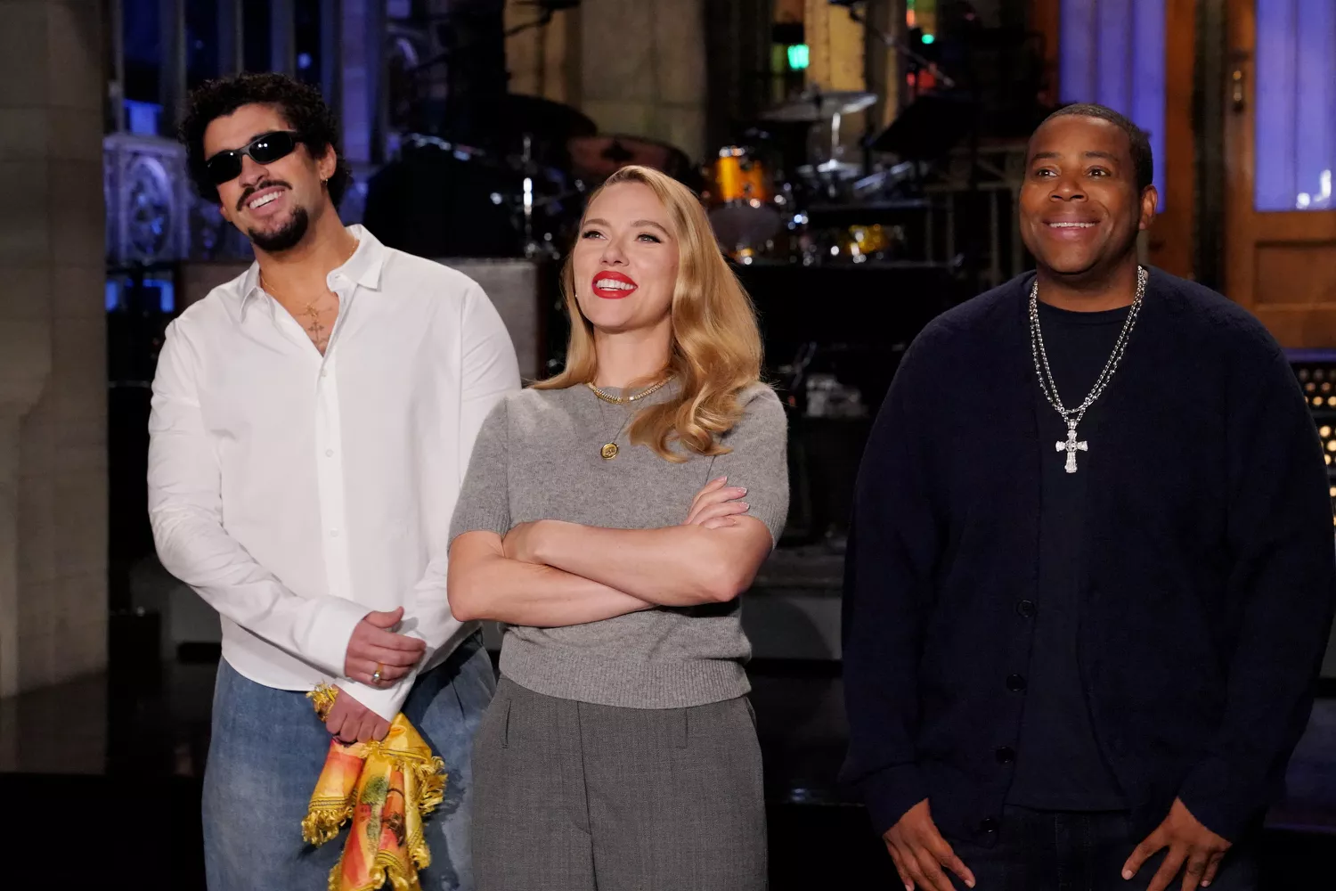 Scarlett Johansson hosts the SNL season 50 finale in a stylish sheer black skirt