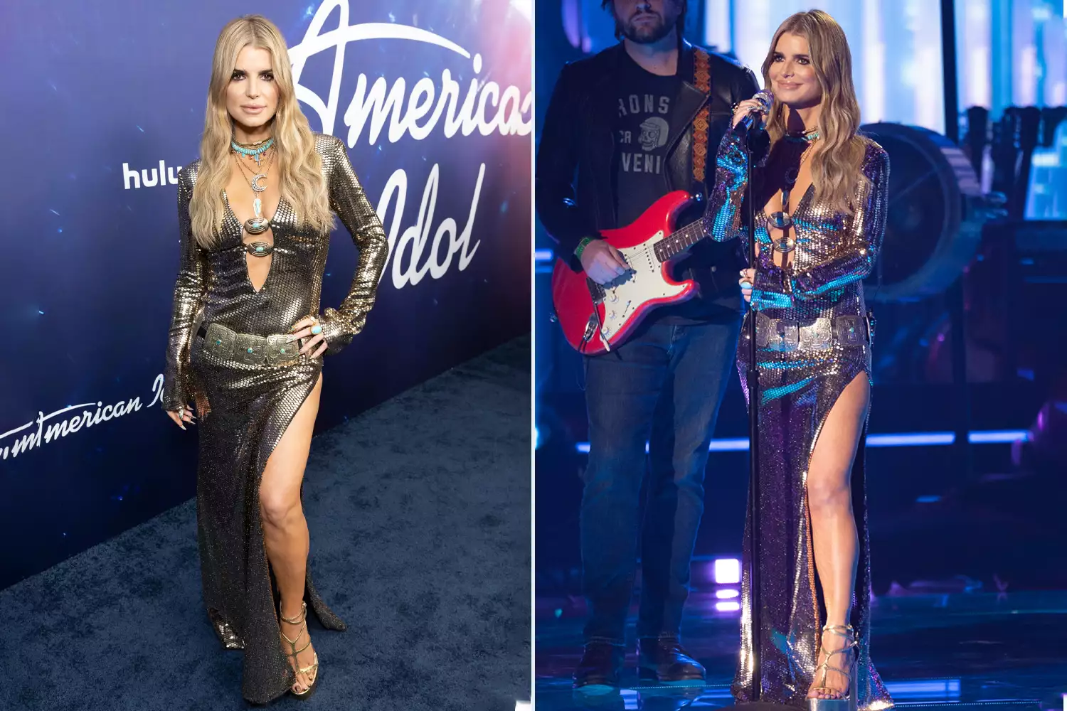 Jessica Simpson performing on American Idol stage, debuting her new dirty blonde hairstyle and gold dress