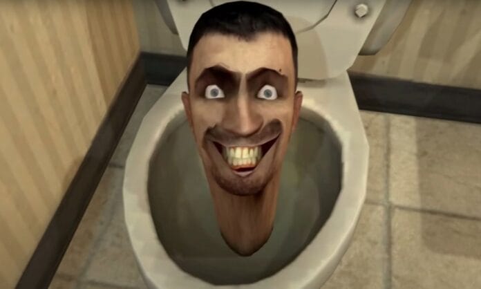 An illustrated scene from the skibidi toilet movie, featuring quirky animation and surreal visuals