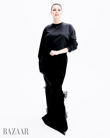 Linda Evangelista at home, smiling at her 60th birthday party