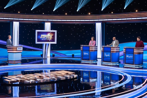 Jeopardy Masters contestants prepare for Final Jeopardy round on set